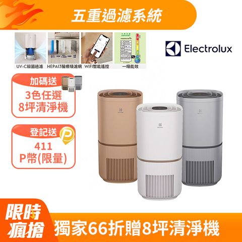 Electrolux 伊萊克斯 極適家居500 UV抗敏空氣清淨機(三色)/SGS抗過敏認證/WIFI智能遙控/UV-C殺菌過濾