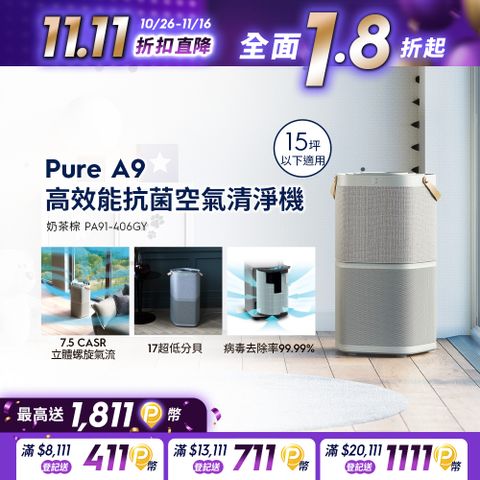 Electrolux 伊萊克斯 Pure A9 高效能抗菌空氣清淨機 (淺灰 PA91-406GY) 適用15坪內