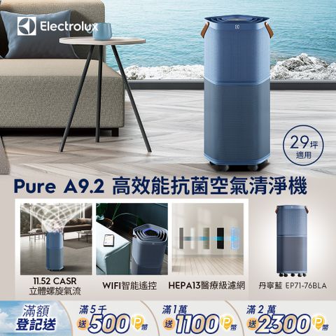 【Electrolux 伊萊克斯】Pure A9.2 高效能抗菌空氣清淨機 (EP71-76BLA 丹寧藍) 適用29坪空間