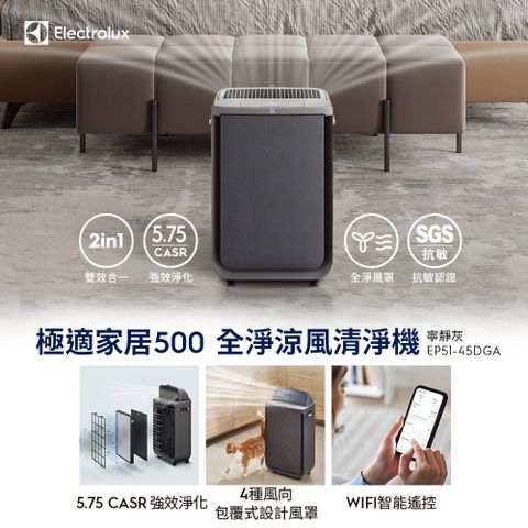 Electrolux 伊萊克斯 極適家居500全淨涼風清淨機(寧靜灰 EP51-45DGA) WIFI智能遙控/可調式風罩