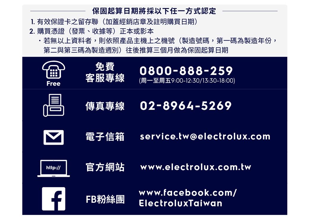 保固起算日期將採以下任一方式認定 有效保證卡之留存聯加蓋經銷店章及註明購買日期)2. 購買憑證(發票、收據等)正本或影本若無以上資料者,則依照產品主機上之機號(製造號碼,第一碼為製造年份,第二與第三碼為製造週別)往後推算三個月做為保固起算日期免費0800-888-259客服專線(00-12:30/13:30-18:00)Free傳真專線 02-8964-5269電子信箱service.tw@electrolux.comhttp://官方網站 www.electrolux.com.twwww.facebook.com/FB粉絲團 ElectroluxTaiwan