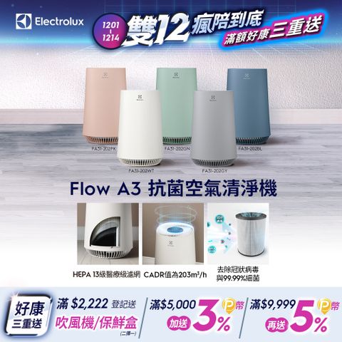 Electrolux 伊萊克斯 Flow A3 抗菌空氣清淨機(五色) HEPA 13醫療級濾網/適用8坪