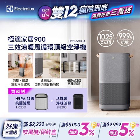 Electrolux 伊萊克斯 極適家居900三效涼暖風循環頂級空氣清淨機(EP91-67UGA)