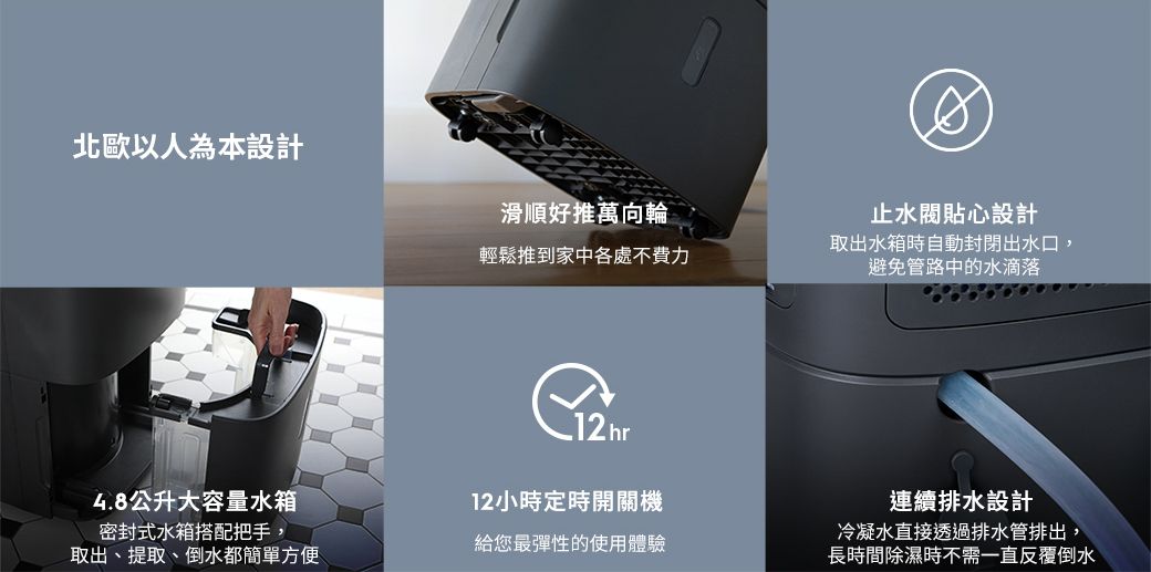 北歐以人為本設計4.8公升大容量水箱密封式水箱搭配把手,滑順好推萬向輪止水貼心設計輕鬆推到家中各處不費力取出水箱時自動封閉出水口,避免管路中的水滴落12小時定時開關機給您最彈性的使用體驗取出、提取、倒水都簡單方便連續排水設計冷凝水直接透過排水管排出,長時間除濕時不需一直反覆倒水