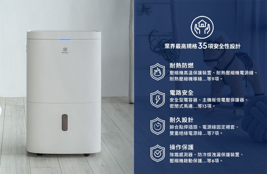 業界最高規格5項性設計耐熱防燃壓縮機高溫保護裝置、耐熱壓縮機電源線、耐熱壓縮機導線...等9項。電路安全3安全型電容器、主機板倍電壓保護器、密閉式馬達...等13項。耐久設計鉚合點焊插頭、電源線固定襯套、雙重絕緣電源線...等7項。操作保護除霜感測器、防冷媒洩漏保護裝置、壓縮機啟動保護...等6項。