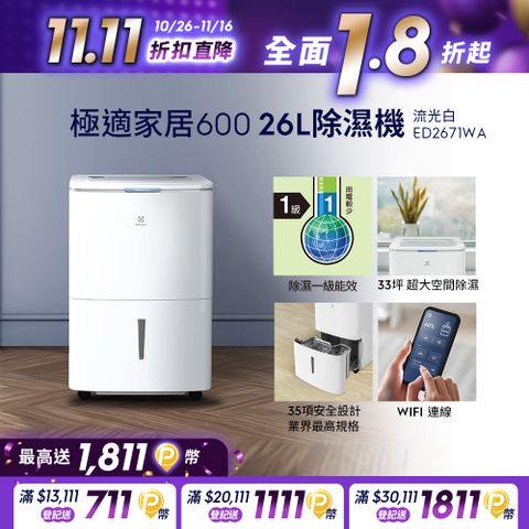 Electrolux 伊萊克斯 26L極適家居600除濕機 流光白(ED2671WA)APP智能遙控/一級能效