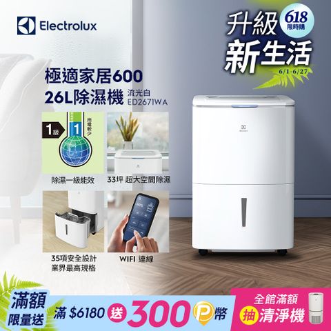 Electrolux 伊萊克斯 26L極適家居600除濕機 流光白(ED2671WA)APP智能遙控/一級能效