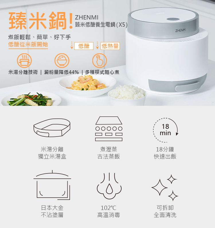 臻米鍋!ZHENMI臻米低醣養生電鍋(X5)ZHENM煮飯輕鬆、簡單、好下手低醣從米飯開始低醣低熱量米湯分離技術 |澱粉量降低44% | 多種模式隨心煮18min18分鐘米湯分離獨立米湯盒煮瀝蒸古法蒸飯快速出飯日本大金102不沾塗層高溫消毒可拆卸全面清洗