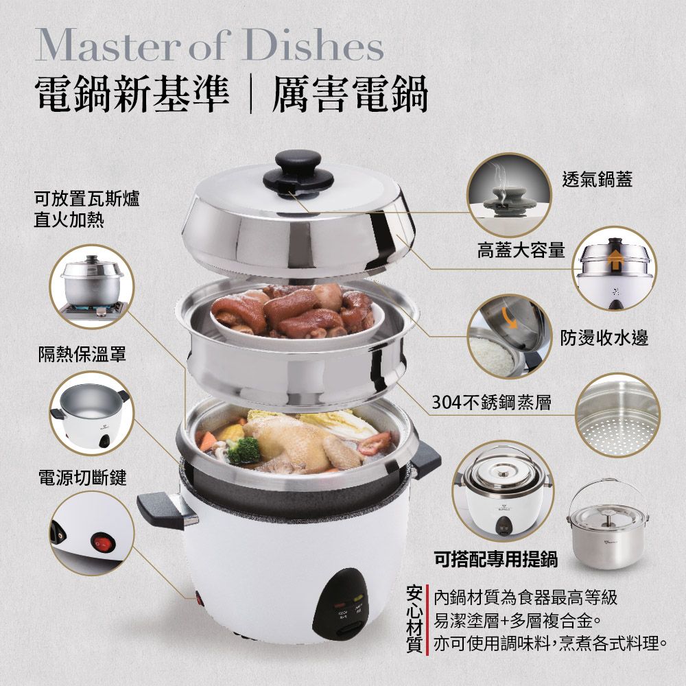 Master of Dishes電鍋新基準|厲害電鍋可放置瓦斯爐直火加熱隔熱保溫罩電源切斷鍵透氣鍋蓋高蓋大容量304不銹鋼層防燙收水邊可搭配專用提鍋鍋材質為食器最高等級易潔塗層+多層複合金。亦可使用調味料,烹煮各式料理。