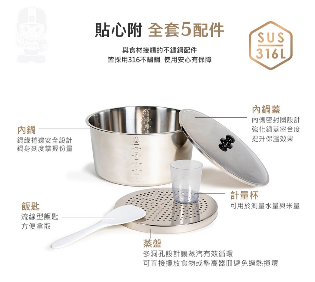 內鍋鍋緣捲邊安全設計鍋身刻度掌握份量貼心 全套5配件與食材接觸的不鏽鋼配件皆採用316不鏽鋼 使用安心有保障SUS316L內鍋蓋內側密封圈設計強化鍋蓋密合度提升保溫效果計量杯飯匙流線型飯匙方便拿取蒸盤多洞孔設計讓蒸汽有效循環可用於測量水量與米量可直接擺放食物或墊高避免過熱損壞
