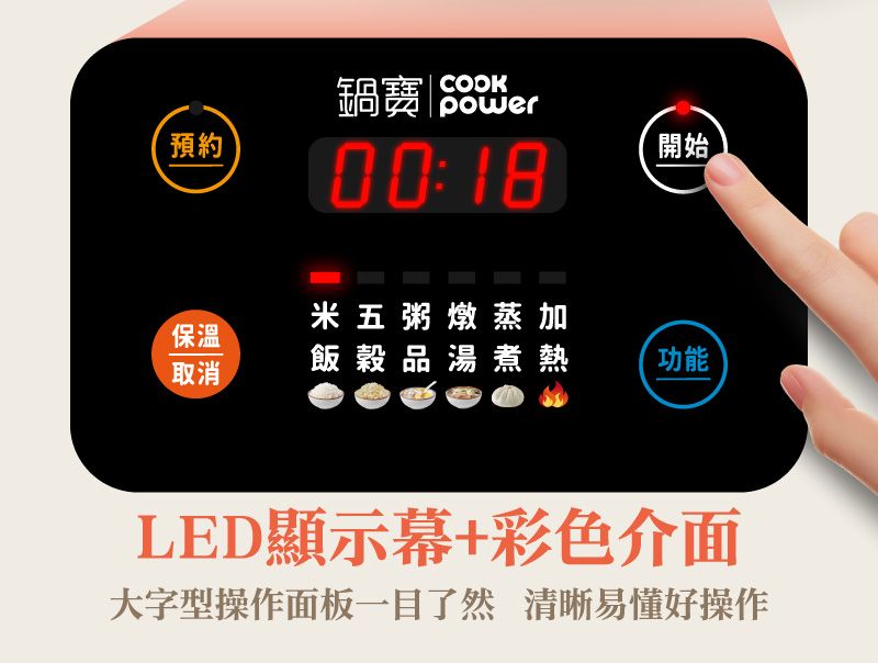 鍋寶預約COOKpower00:18開始米五粥燉蒸加保溫取消飯湯煮熱功能LED顯示幕+彩色介面大字型操作面板一目了然 清晰易懂好操作