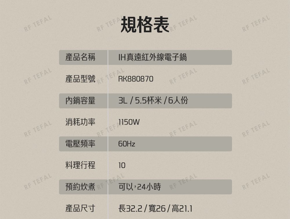 產品名稱產品型號 TEFALRF TEFAL規格表RF TEFALIH真遠紅外線電子鍋RF TEFAL內鍋容量RK880870RF TEFALRF TEFAL消耗功率3L/5.5杯米/6人份RF TEFAL電壓頻率RF TEFA1150W60HzRF TEFALRF TEFAL料理行程RF TEFAL10預約炊煮RF TEFAL產品尺寸可以,24小時RF TEFAL長32.2/寬26/高21.1RF TEFAL