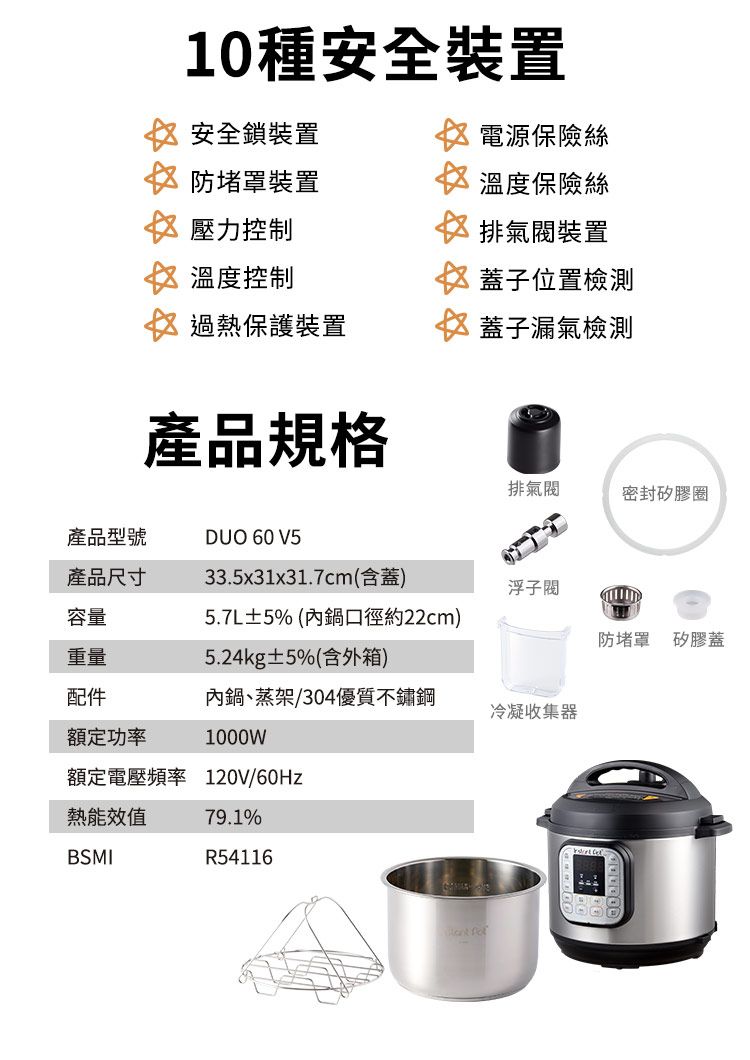 10種安全裝置安全鎖裝置防堵罩裝置壓力控制☆ 溫度控制過熱保護裝置電源保險絲溫度保險絲排氣裝置蓋子位置檢測蓋子漏氣檢測產品規格排氣閥密封矽膠圈產品型號DUO 60 V5產品尺寸容量重量配件33.5x31x31.7cm(含蓋)5.7L±5% (內鍋口徑約22cm)5.24kg±5%(含外箱)浮子閥防堵罩 矽膠蓋內鍋、蒸架/304優質不鏽鋼冷凝收集器額定功率1000W額定電壓頻率 120V/60Hz熱能效值BSMI79.1%R54116