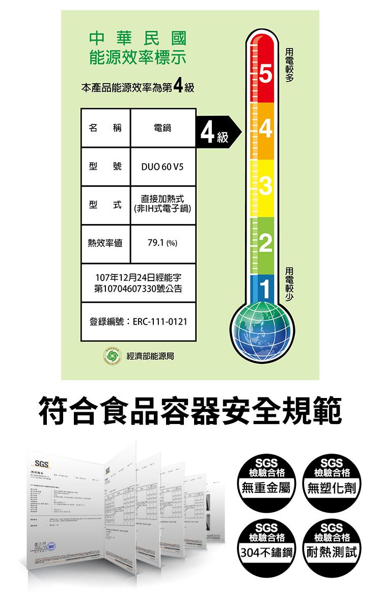 中華民國能源效率標示5本產品能源效率第4級 稱電鍋4級 4型 號DUO 60 V5型 式直接加熱式(非IH式電子鍋)熱效率79.1 ()107年12月24日經能字第10704607330號公告1登錄編號:ERC-111-0121經濟部能源局符合食品容器安全規範SGSSGSSGS檢驗合格檢驗合格無重金屬 無塑化劑SGS檢驗合格SGS檢驗合格304不鏽鋼耐熱測試