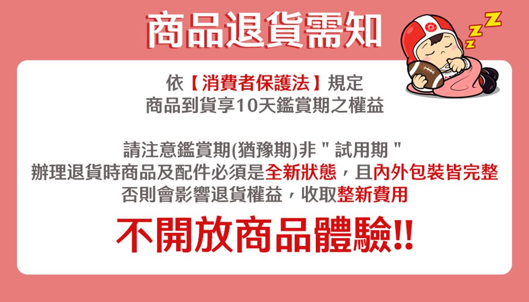 商品退貨需知依【消費者保護法規定商品到貨享10天鑑賞期之權益請注意鑑賞期(猶豫期非試用期N辦理退貨時商品及配件必須是全新狀態,且內外包裝皆完整否則會影響退貨權益,收取整新費用不開放商品體驗!!