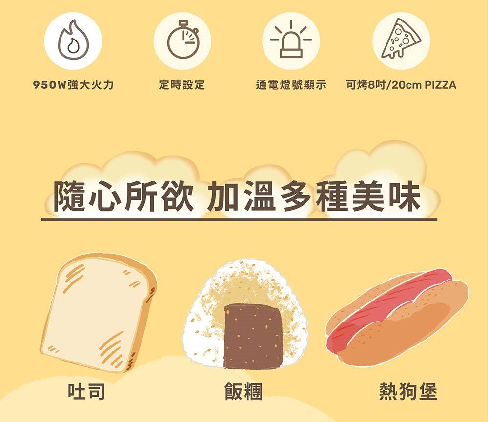 950W火力定時設定通電燈號顯示 可烤8吋/20cm PIZZA隨心所欲 加溫多種美味吐司飯糰熱狗堡