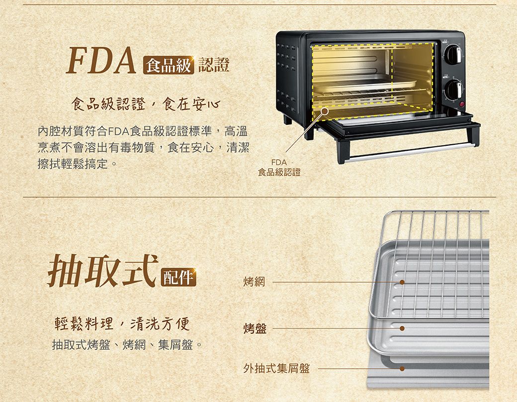 FDA  認證食品級 食品級認證,食在安心內腔材質符合FDA食品級認證標準,高溫烹煮不會溶出有毒物質,食在安心,清潔擦拭輕鬆搞定。FDA食品級認證抽取式烤網輕鬆料理,清洗方便抽取式烤盤、烤網、集盤。烤盤外抽式集屑盤