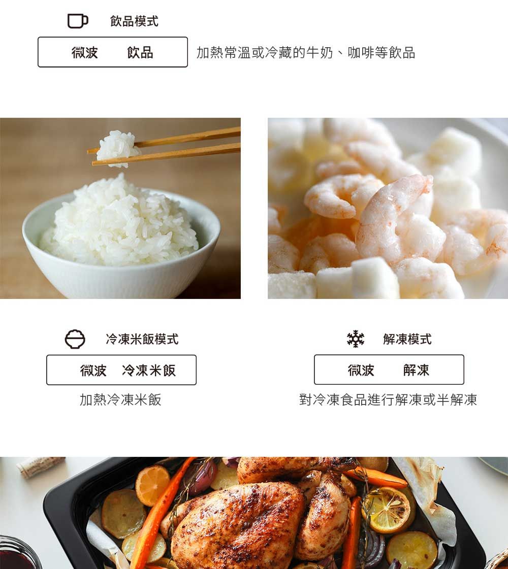 飲品模式微波飲品加熱常溫或冷藏的牛奶、咖啡等飲品 冷凍米飯模式微波 冷凍米飯加熱冷凍米飯 解凍模式微波解凍對冷凍食品進行解凍或半解凍