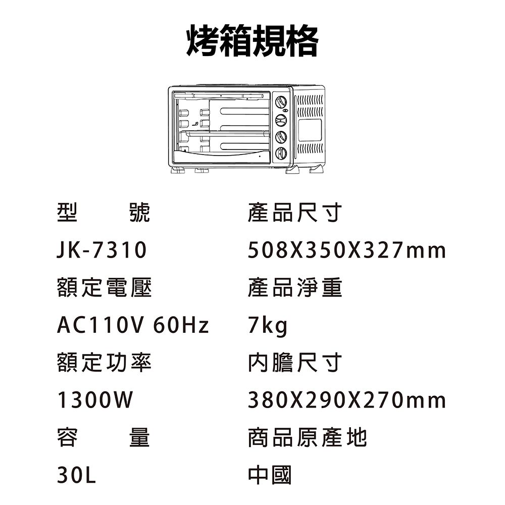 烤箱規格型號JK-7310產品尺寸508X350X327mm額定電壓產品淨重AC110V 60Hz7kg額定功率尺寸1300W380X290X270mm容量商品原產地30L中國