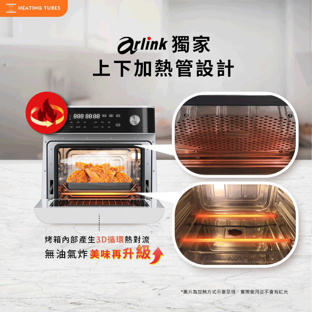 HEATING TUBESarlink 獨家上下加熱管設計 烤箱內部產生3D循環熱對流無油氣炸美味再升級*圖片為加熱方式示意呈現,實際使用並不會有紅光