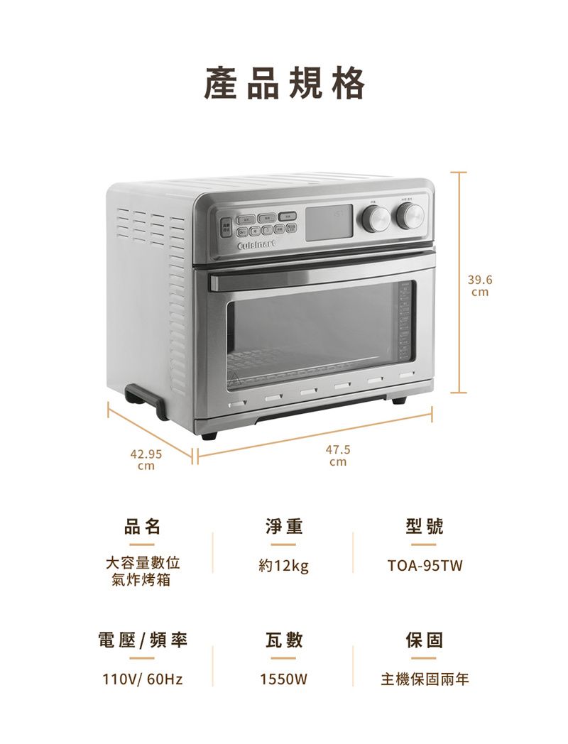 42.95產品規格47.5100品名淨重型號大容量數位氣炸烤箱約12kgTOA-95TW電壓/頻率瓦數保固110V/1550W主機保固兩年39.6cm