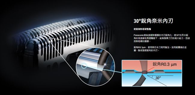 30銳角除Panasonic刃銳角化30奈米銳角在高速能夠發揮刀刃的最大能力,迅速刮除的銳角R0.3u日本刀相同製法,採用耐的金,製成強韌銳利的刃銳角R0.3 m30°