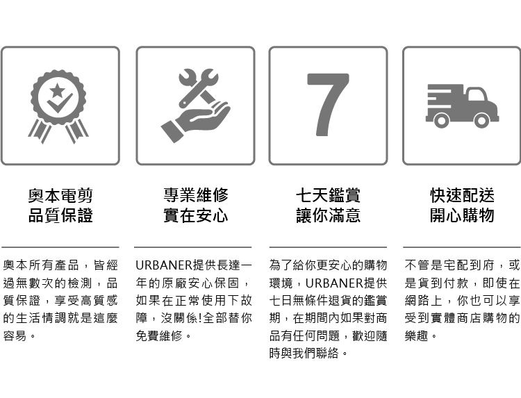 7奧本電剪品質保證專業維修七天鑑賞快速配送實在安心讓你滿意開心購物奧本所有產品,皆經過無數次的檢測,品質保證,享受高質感的生活情調就是這麼容易。URBANER提供長達一年的原廠安心保固,如果在正常使用下故障,沒關係!全部替你免費維修。為了給你更安心的購物環境,URBANER提供七日無條件退貨的鑑賞期,在期間內如果對商品有任何問題,歡迎隨時與我們聯絡。不管是宅配到府,或是貨到付款,即使在網路上,你也可以享受到實體商店購物的樂趣。