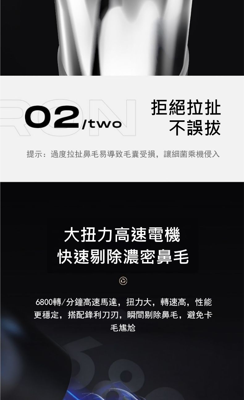 拒絕拉扯不誤提示:過度拉扯鼻毛易導致毛囊受損,讓細菌乘機侵入大扭力高速電機快速剔除濃密鼻毛6800轉/分鐘高速馬達,扭力大,轉速高,性能更穩定,搭配鋒利刀刃,瞬間剔除鼻毛,避免卡毛尷尬