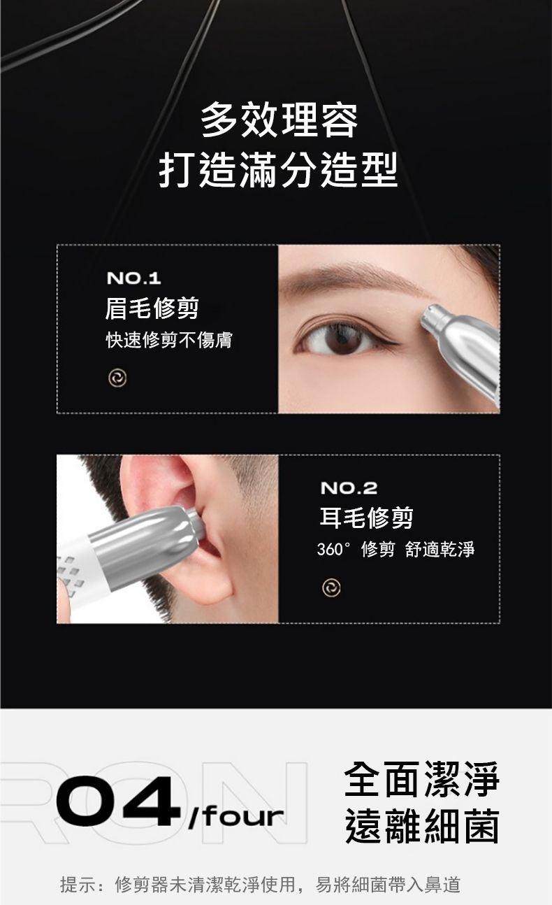 多效理容打造滿分造型NO.1眉毛修剪快速修剪不傷膚NO.2耳毛修剪360°修剪 舒適乾淨04 全面潔淨遠離細菌提示:修剪器未清潔乾淨使用,易將細菌帶入鼻道