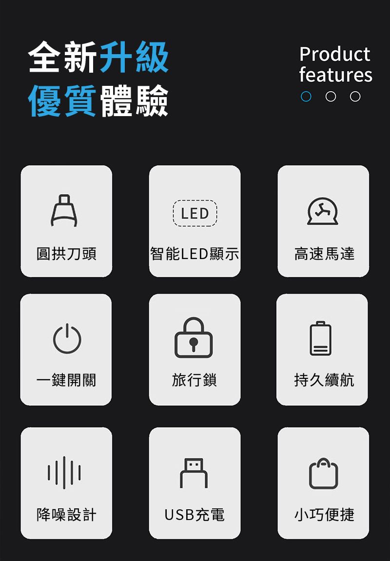 全新升級優質體驗ProductfeaturesLED圓拱刀頭「智能LED顯示高速馬達一鍵開關旅行鎖持久續航降噪設計USB充電小巧便捷