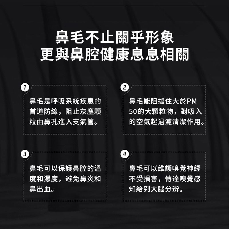 鼻毛不止關乎形象更與鼻腔健康息息相關12鼻毛是呼吸系統疾患的首道防線,阻止灰塵顆粒由鼻孔進入支氣管。鼻毛能阻擋住大於PM50的大顆粒物,對吸入的空氣起過濾清潔作用。34鼻毛可以保護鼻腔的溫度和濕度,避免鼻炎和鼻出血。鼻毛可以維護嗅覺神經不受損害,傳達嗅覺感知給到大腦分辨。