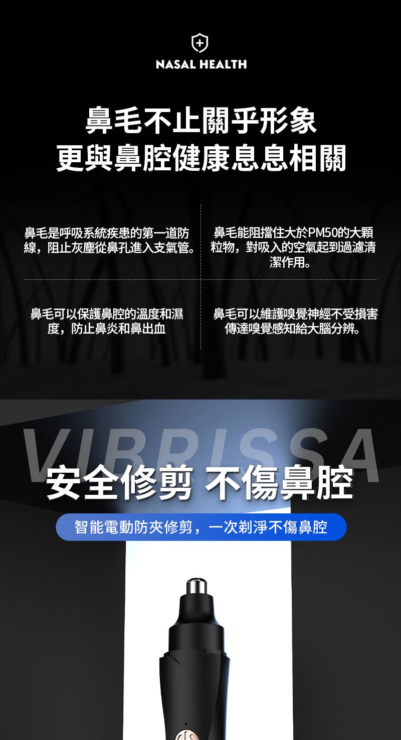 NASAL HEALTH鼻毛不止關乎形象更與鼻腔健康息息相關鼻毛是呼吸系統疾患的第一道防線,阻止灰塵從鼻孔進入支氣管。鼻毛能阻擋住大於PM50的大顆粒物,對吸入的空氣起到過濾清潔作用。鼻毛可以保護鼻腔的溫度和濕度,防止鼻炎和鼻出血鼻毛可以維護嗅覺神經不受損害傳達嗅覺感知給大腦分辨。安全修剪 不傷鼻腔智能電動防夾修剪,一次剃淨不傷鼻腔