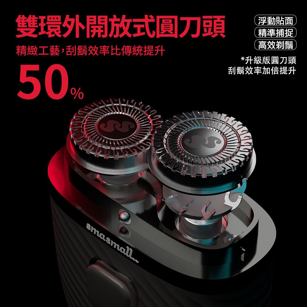 雙環外開放式圓刀頭精緻工藝,刮鬍效率比傳統提升浮動貼面精準捕捉高效剃鬚*升級版圓刀頭刮鬍效率加倍提升50%smasmall