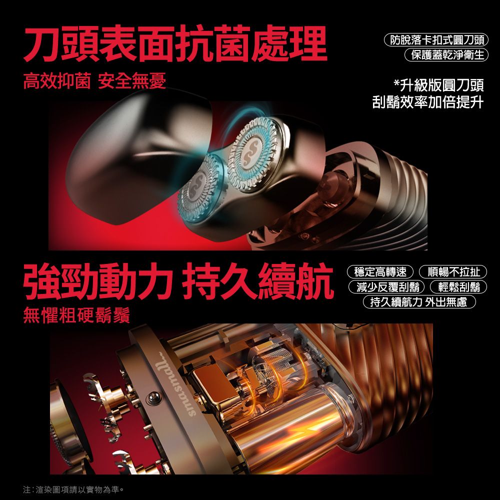 刀頭表面抗菌處理高效抑菌 安全無憂防脫落卡扣式圓刀頭保護蓋乾淨衛生*升級版圓刀頭刮鬍效率加倍提升無懼粗硬鬍鬚強勁動力持久續航穩定高轉速 順暢不拉扯減少反覆刮鬍輕鬆刮鬍持久續航力 外出無慮注:渲染圖項請以實物為準。smasmall