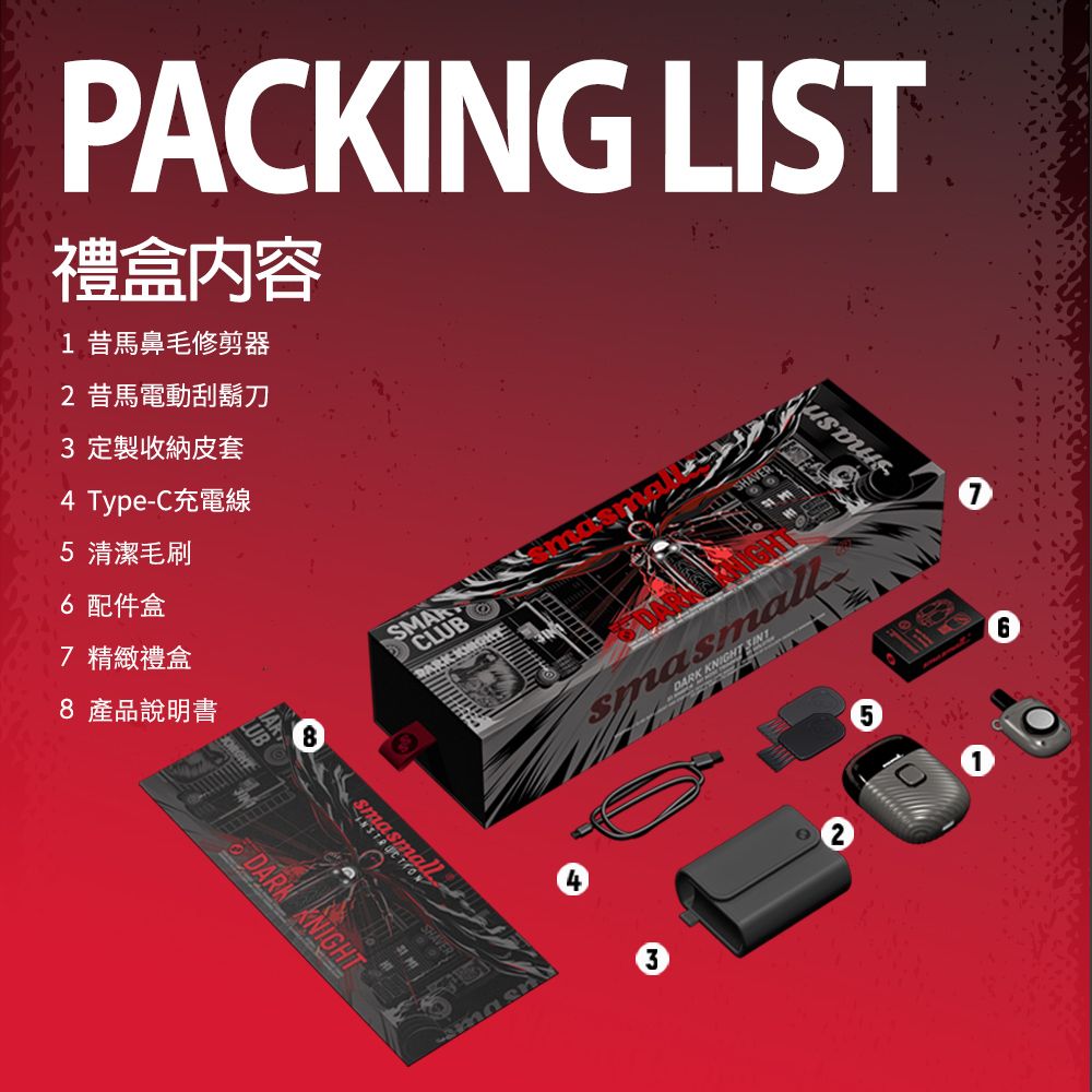 PACKING LIST禮盒內容1 昔馬鼻毛修剪器2 昔馬電動刮鬍刀3 定製收納皮套4 Type-C充電線5 清潔毛刷6 配件盒7 精緻禮盒8 產品說明書CLUB  KNDARK KNIGHTC7