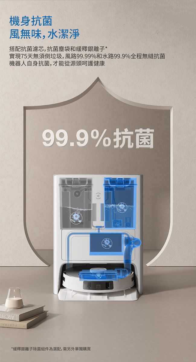 機身抗菌風無味,水潔淨搭配抗菌濾芯,抗菌塵袋和緩釋銀離子*實現75天無須倒垃圾,風路99.99%和水路99.9%全程無縫抗菌機器人自身抗菌,才能從源頭呵護健康99.9%抗菌()*緩釋銀離子除菌組件為選配,需另外單獨購買