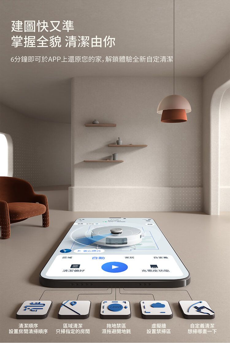 建圖快又準掌握全貌 清潔由你6分鐘即可於APP上還原您的家,解鎖體驗全新自定清潔清潔偏好自動家居充電座功能清潔順序區域清潔拖地禁區設置房間清掃順序 只掃指定的房間濕拖避開地氈虛擬牆設置禁掃區自定義清潔想掃哪畫一下