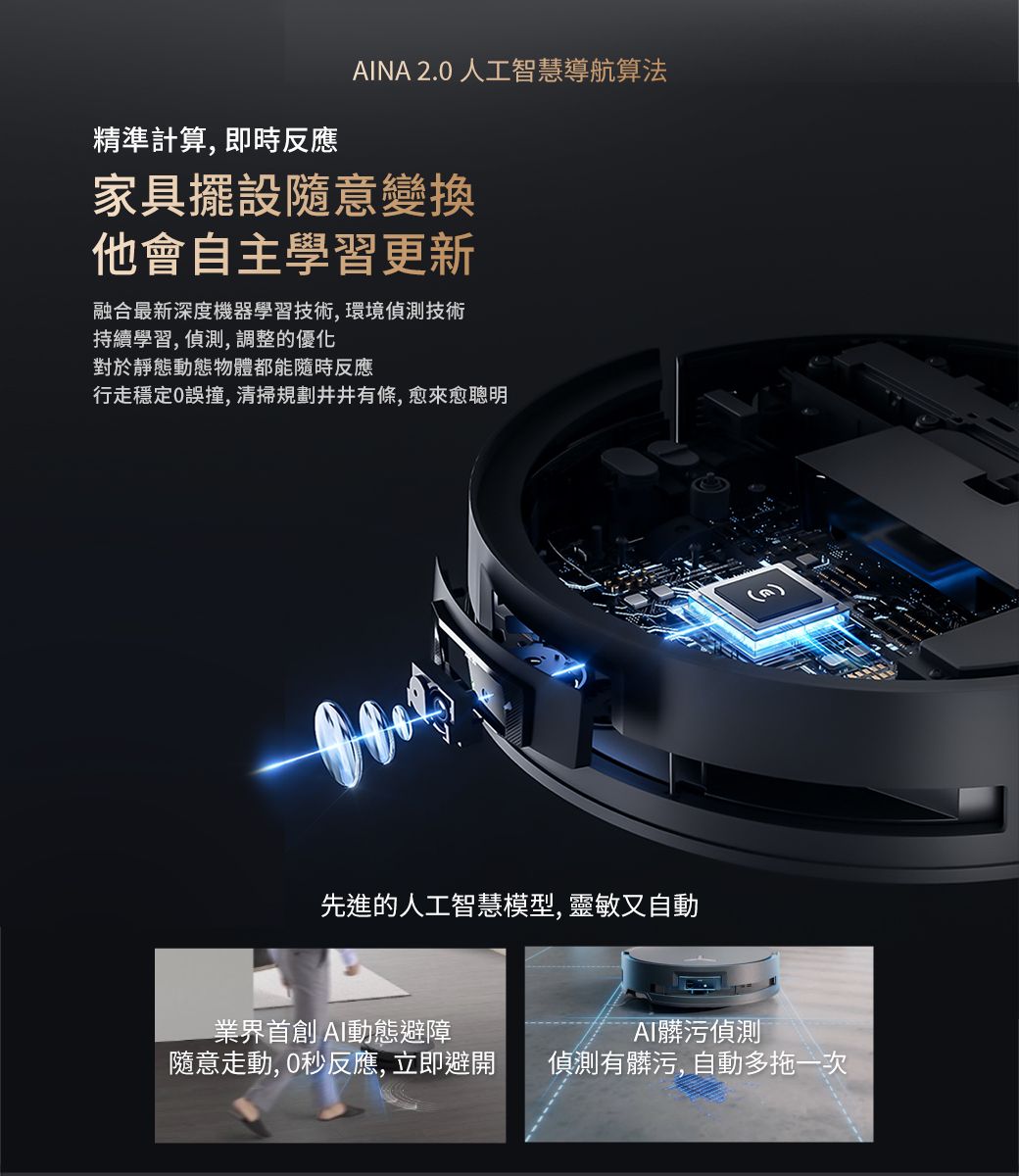 精準計算, 即時反應NA 2.0 人工智慧導航算法家具擺設隨意變換他會自主學習更新融合最新深度機器學習技術,環境偵測技術持續學習, 偵測,調整的優化對於靜態動態物體都能隨時反應行走穩定0誤撞,清掃規劃井井有條,愈來愈聰明先進的人工智慧模型,靈敏又自動AI動態避障AI髒污偵測隨意走動, 0秒反應, 立即避開偵測有髒污,自動多拖一次