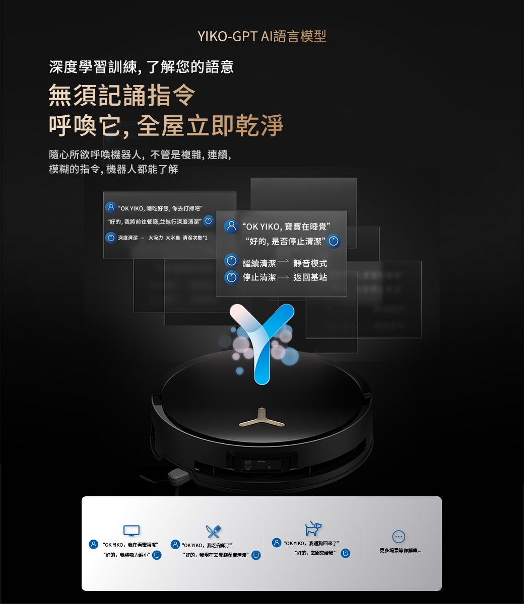-GPT AI語言模型深度學習訓練,了解您的語意無須記誦指令呼喚它, 全屋立即乾淨隨心所欲呼喚機器人,不管是複雜,連續,模糊的指令,機器人都能了解 OK YIKO, 剛吃好飯,去打掃吧好的, 前往餐廳,並進行深度清潔 深度清潔 大吸力 大水量 清潔次數*2 OK YIKO,寶寶在睡覺好的,是否停止清潔OK YIKO,我在看”“好的,我將吸力小” 繼續清潔靜音模式 停止清潔返回基站 “OK YIKO,我吃完飯了” “OK YIKO,我遛狗回來了”“好的,我現在去餐廳深度清潔”“好的,我”更多等你