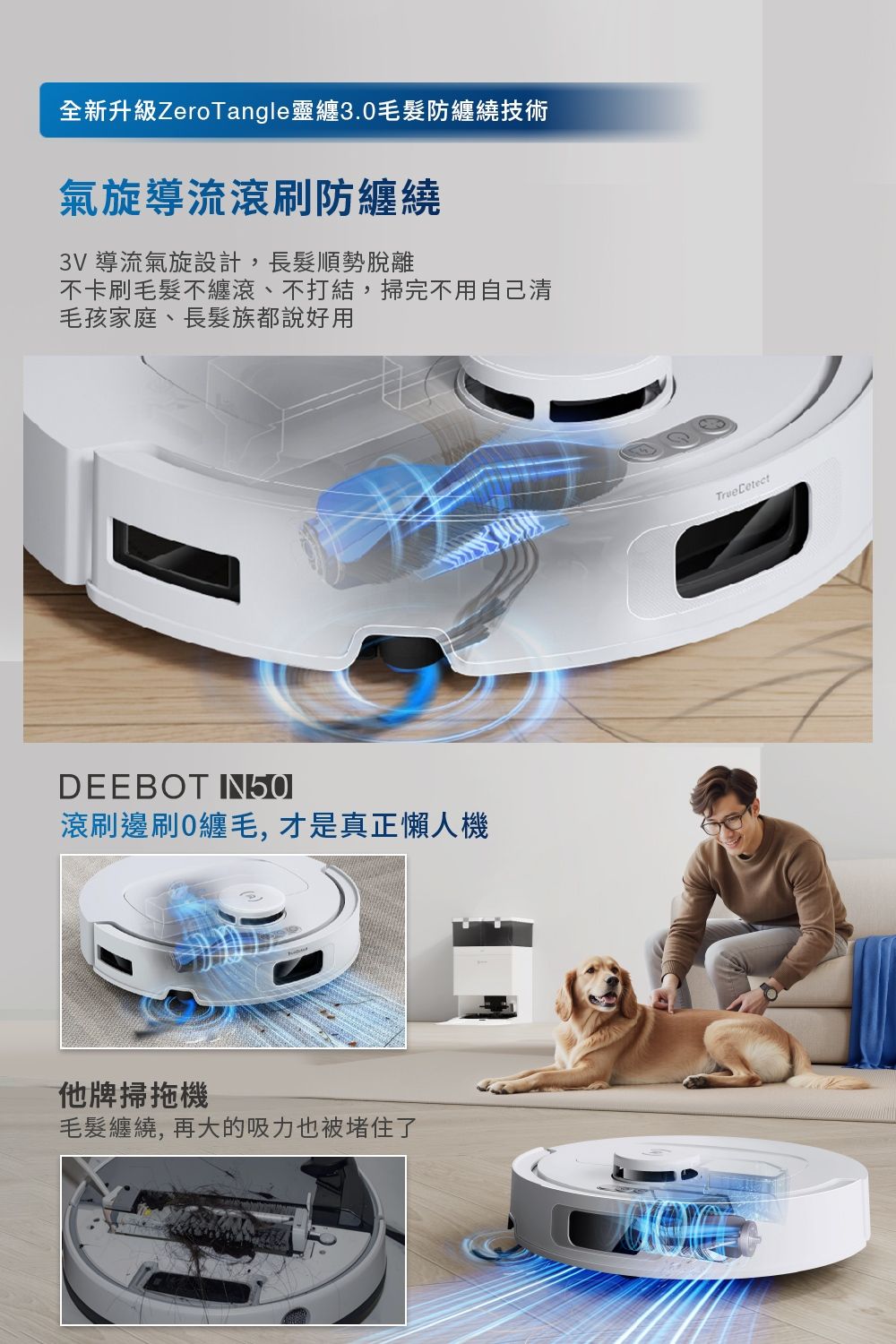 全新升級ZeroTangle靈纏3.毛髮防纏繞技術氣旋導流滾刷防纏繞3V導流氣旋設計,長髮順勢脫離不卡刷毛髮不纏滾、不打結,掃完不用自己清毛孩家庭、長髮族都說好用DEEBOT 滾刷邊刷0纏毛,才是真正懶人機他牌掃拖機毛髮纏繞,再大的吸力也被堵住了TrueCetect
