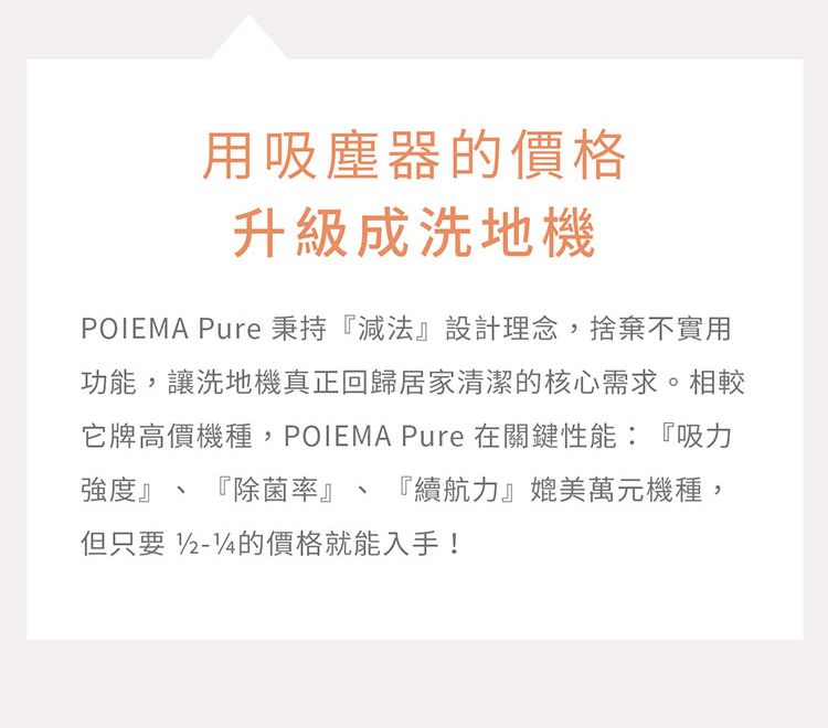 用吸塵器的價格升級成洗地機POIEMA Pure秉持『減法』設計理念,捨棄不實用功能,讓洗地機真正回歸居家清潔的核心需求。相較它牌高價機種,POIEMA Pure 在關鍵性能:『吸力強度』 『除菌率』、 『續航力』媲美萬元機種,但只要 //4的價格就能入手!