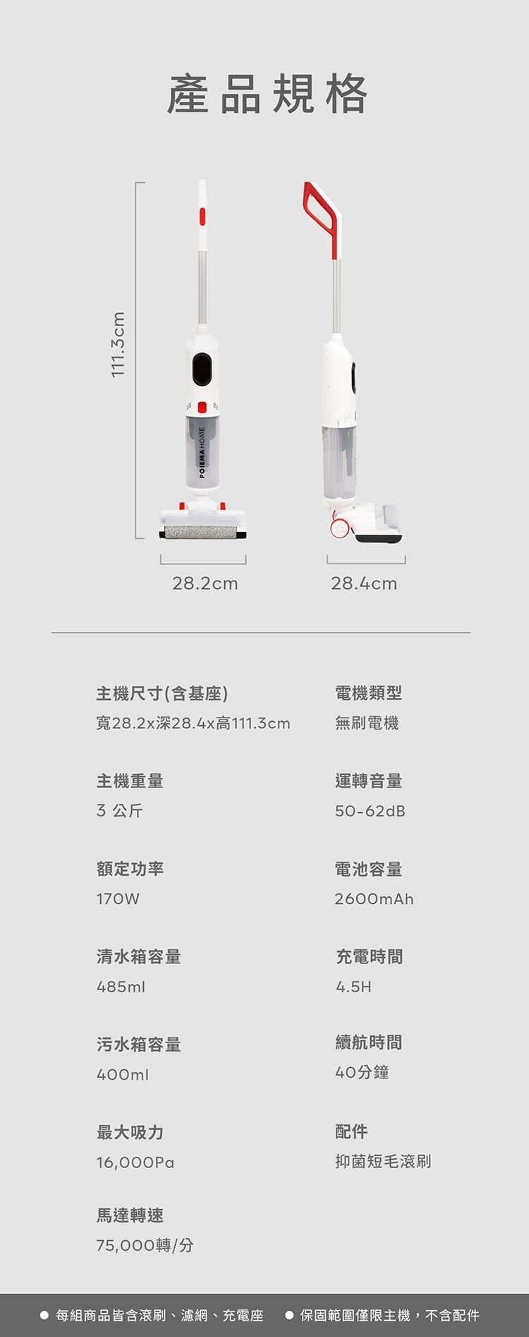 111.3cmPOIEMA HOME產品規格28.2cm28.4cm主機尺寸(含基座)電機類型寬28.2x深28.4x高111.3cm無刷電機主機重量3公斤額定功率清水箱容量485ml污水箱容量400ml最大吸力16,000Pa馬達轉速75,000轉/分運轉音量50-62dB電池容量2600mAh充電時間4.5H續航時間40分鐘配件抑菌短毛滾刷 每組商品皆含滚刷、濾網、充電座保固範圍僅限主機,不含配件