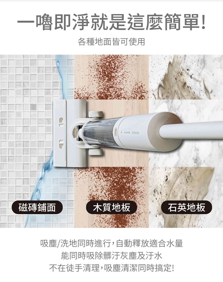 一即淨就是這麼簡單!各種地面皆可使用磁磚鋪面木質地板石英地板吸塵/洗地同時進行,自動釋放適合水量能同時吸除髒汙灰塵及汙水不在徒手清理,吸塵清潔同時搞定!