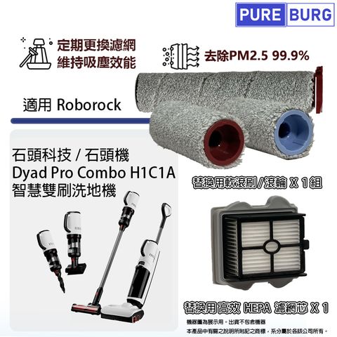 PUREBURG 適用Roborock石頭機Dyad Pro Combo H1C1A乾濕智慧雙刷洗地機高效HEPA濾網濾芯軟毛刷滾刷滾輪
