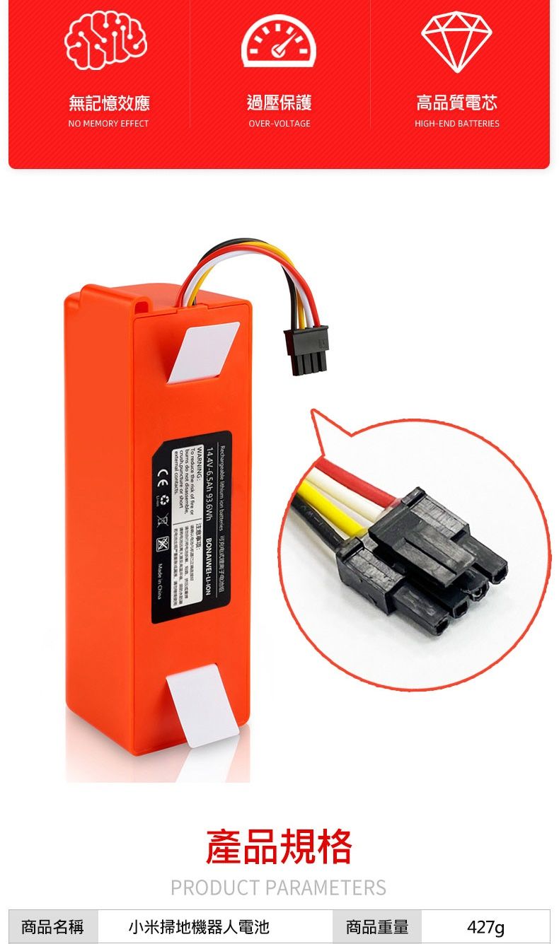 無記憶效應過壓保護NO MEMORY EFFECTOVERVOLTAGE14.4V-6.5Ah 93.6WhRechargeable  ion batteries 可离子BONAIWEI-LI-IONMade in China高品質電芯HIGH-END BATTERIES產品規格商品重量427gPRODUCT PARAMETERS商品名稱小米掃地機器人電池