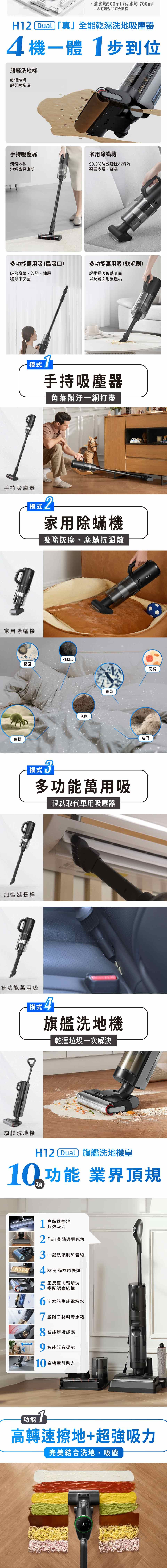 清水箱900ml/污水箱 00ml一次可清洗60坪大面積H  真」全能乾濕洗地吸塵器機一體 到位旗艦洗地機乾濕垃圾輕鬆吸拖洗手持吸塵器家用除蟎機清潔地毯地板家具底部99.9%效吸除布料殘留皮屑、蟎蟲多功能萬用吸(扁吸口)多功能萬用吸(毛刷)吸除窗簾、沙發、抽屜輕柔掃吸玻璃桌面縫隙中灰塵以及鏡面毛髮塵垢模式1手持吸塵器角落髒汙一網打盡手持吸塵器模式 2家用除蟎機吸除灰塵、塵蟎抗過敏家用除蟎機塵蟎加裝延長桿PM2.5黴菌灰塵細菌模式 3多功能萬用吸輕鬆取代車用吸塵器多功能萬用吸模式 旗艦洗地機乾溼垃圾一次解決14d1皮屑旗艦洗地機H12 Dual 旗艦洗地機皇 功能 業界頂規1高轉速擦地超強吸力2 真」雙貼邊零死角鍵洗滾刷和管線4 30分鐘熱風烘5正反雙向轉清洗搭配鋸齒結構 清水箱生成電解水7 銀離子材料污水箱8 智能髒污感應 智能語音提示10 自帶牽引助力功能 7高轉速擦地+超強吸力完美結合洗地、吸塵花粉