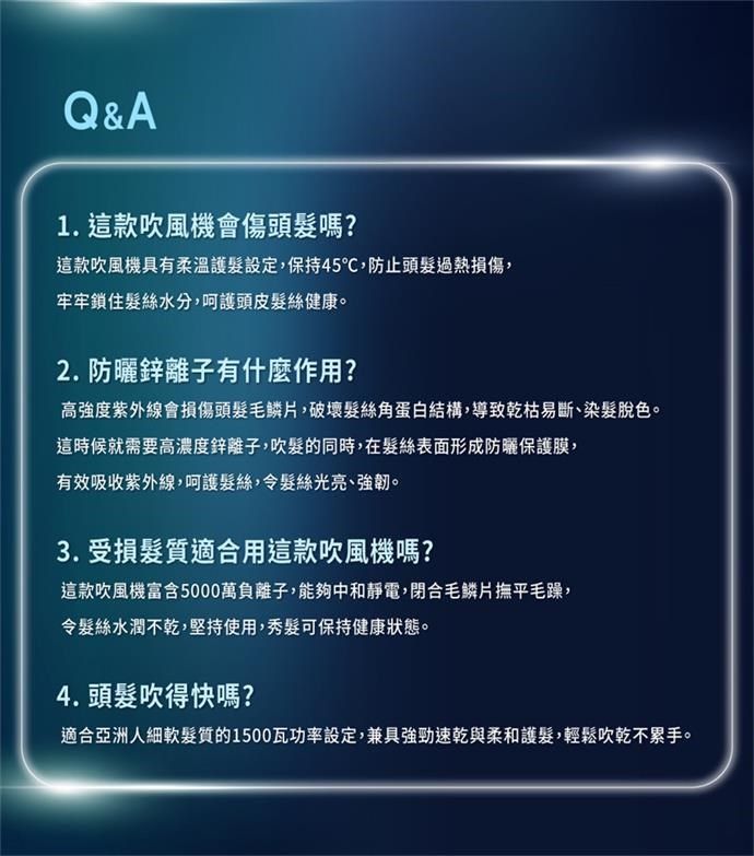 Q&A1. 這款吹風機會傷頭髮嗎?這款吹風機具有柔溫護髮設定保持45℃,防止頭髮過熱損傷,牢牢鎖住髮絲水分,呵護頭皮髮絲健康。2. 防曬鋅離子有什麼作用?高強度紫外線會損傷頭髮毛鱗片,破壞髮絲角蛋白結構,導致乾枯易斷、染髮脫色。這時候就需要高濃度鋅離子,吹髮的同時,在髮絲表面形成防曬保護膜,有效吸收紫外線,呵護髮絲,令髮絲光亮、強韌。3.受損髮質適合用這款吹風機嗎?這款吹風機富含5000萬負離子,能夠中和靜電,閉合毛鱗片撫平毛躁,令髮絲水潤不乾,堅持使用,秀髮可保持健康狀態。4. 頭髮吹得快嗎?適合亞洲人細軟髮質的1500瓦功率設定,兼具強勁速乾與柔和護髮,輕鬆吹乾不累手。