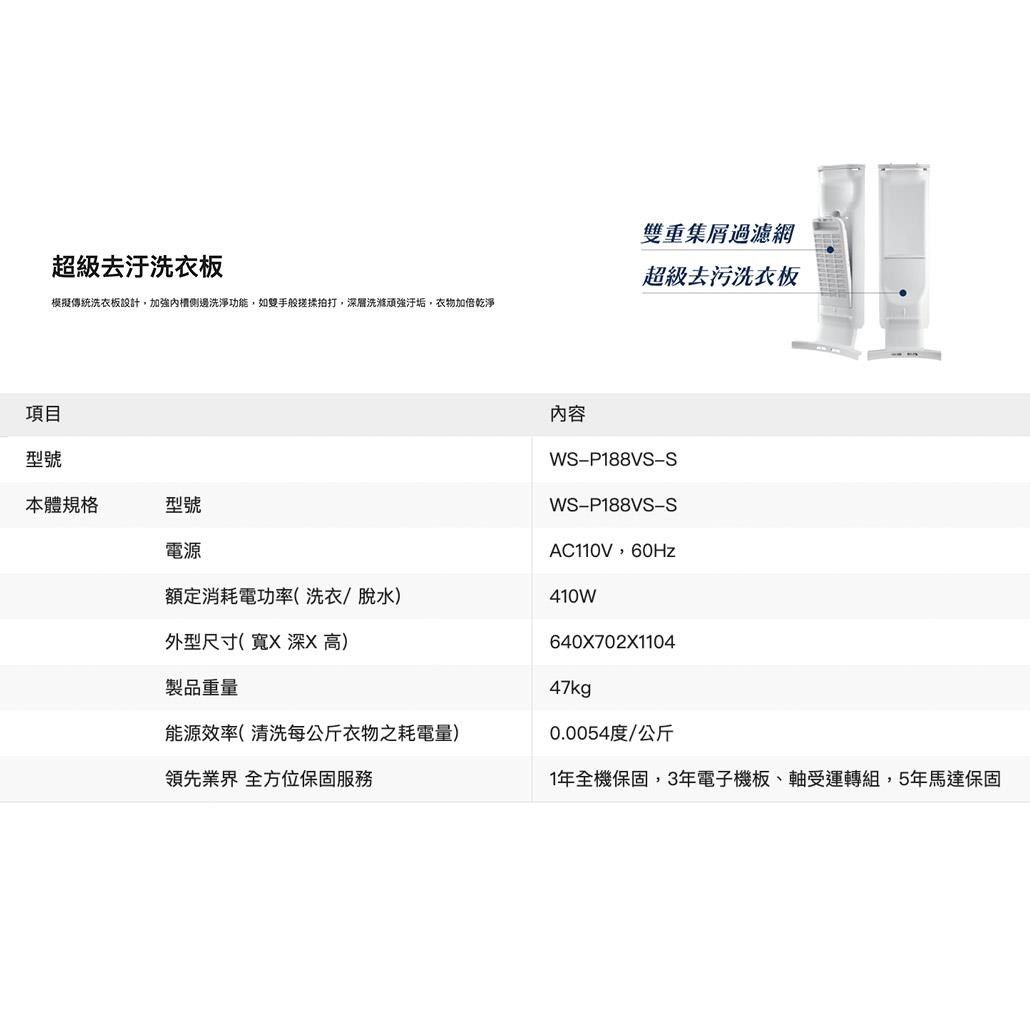 雙重集屑過濾網超級去汙洗衣板超級去污洗衣板模擬傳統洗衣板設計,加強內側邊洗淨功能,如雙手般搓揉拍打,深層洗滌汙垢,衣物乾淨項目內容型號W-P188V-S本體規格型號WS-P188VS-S電源AC110V,額定消耗電功率( 洗衣/脫水)410W外型尺寸(寬 深x 高)製品重量能源效率(清洗每公斤衣物之耗電量)領先業界 全方位保固服務640X702X110447kg0.0054度/公斤1年全機保固,3年電子機板、軸受運轉組,5年馬達保固