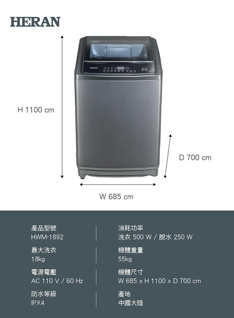 HERANH 1100 W 685 cm產品型號消耗功率HWM-1892最大洗衣18kg電源電壓AC 110V/60 Hz防水等級IPX4D 700 cm洗衣 500W/脫水 250 W機體重量55kg機體尺寸W 685  H 1100 x D 700 cm產地中國大陸