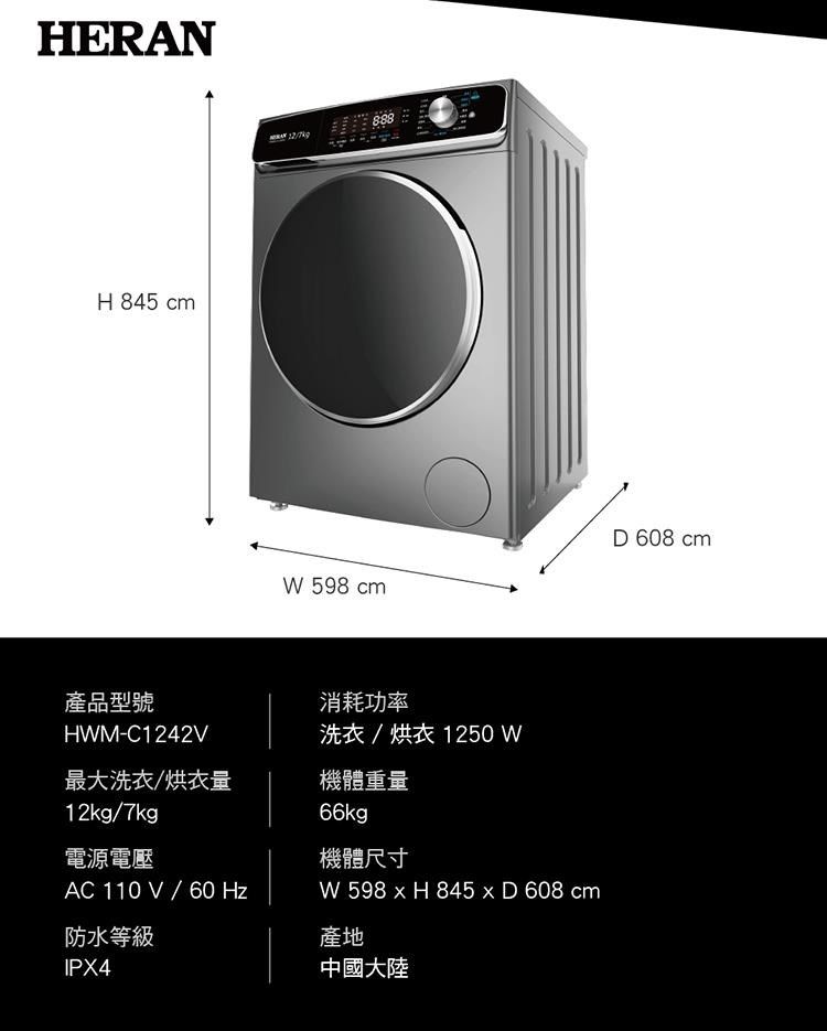 HERANH 845 cm 598 cm產品型號HWM-C1242V消耗功率洗衣/ 烘衣 1250W最大洗衣/烘衣量機體重量12kg/7kg電源電壓66kg機體尺寸AC 110V/60HzW 598xH 845xD608 cm防水等級IPX4產地中國大陸D 608 cm